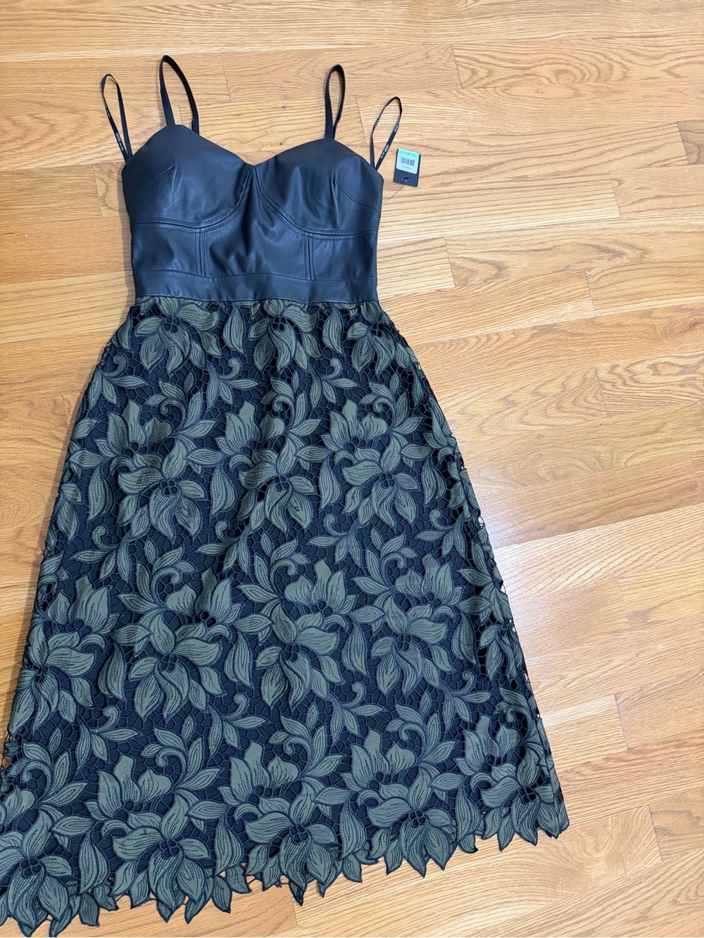 Guess Black Faux-Leather Bodice with Olive Floral Embroidered Lace Midi Dress
